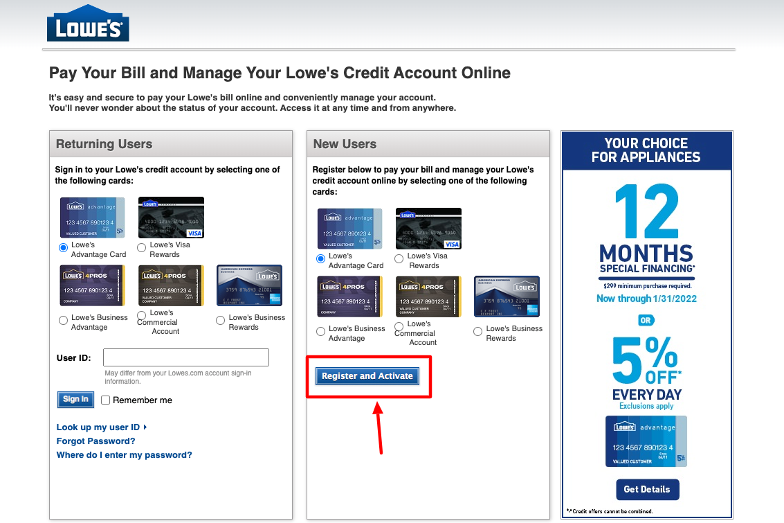 lowes credit card register