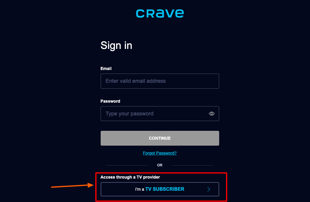 Crave TV sign up page