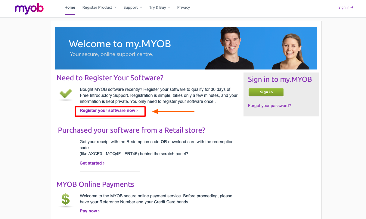 myob register page