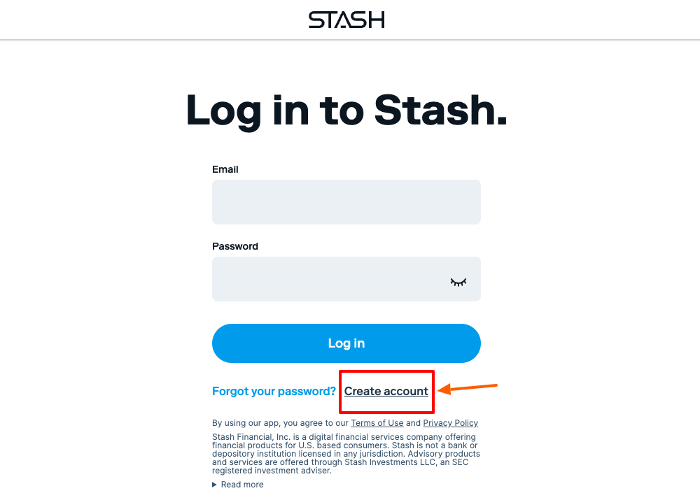 stash create account page